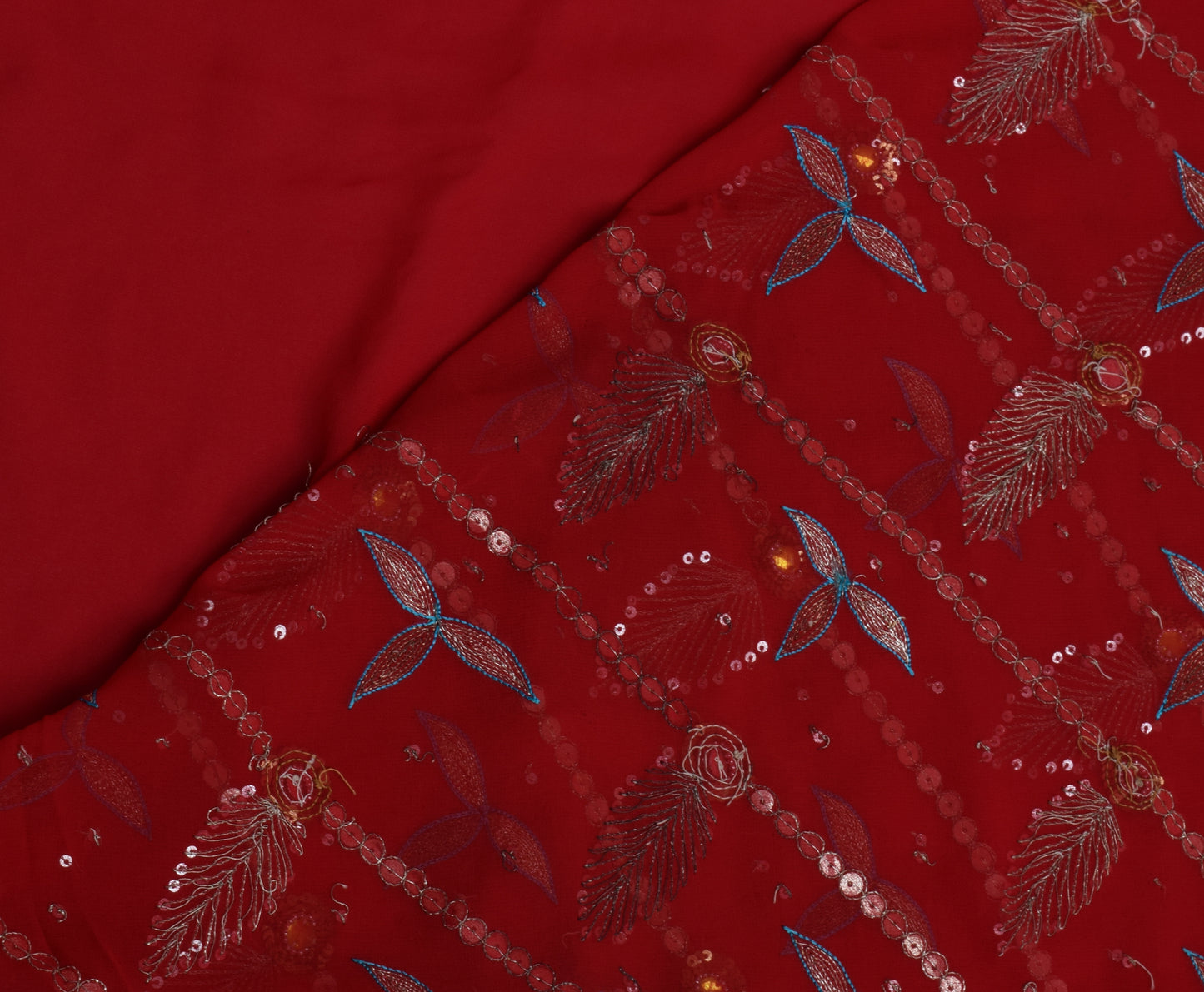 Sushila Vintage Red Saree Blend Georgette Embroidered Floral Sari Craft Fabric