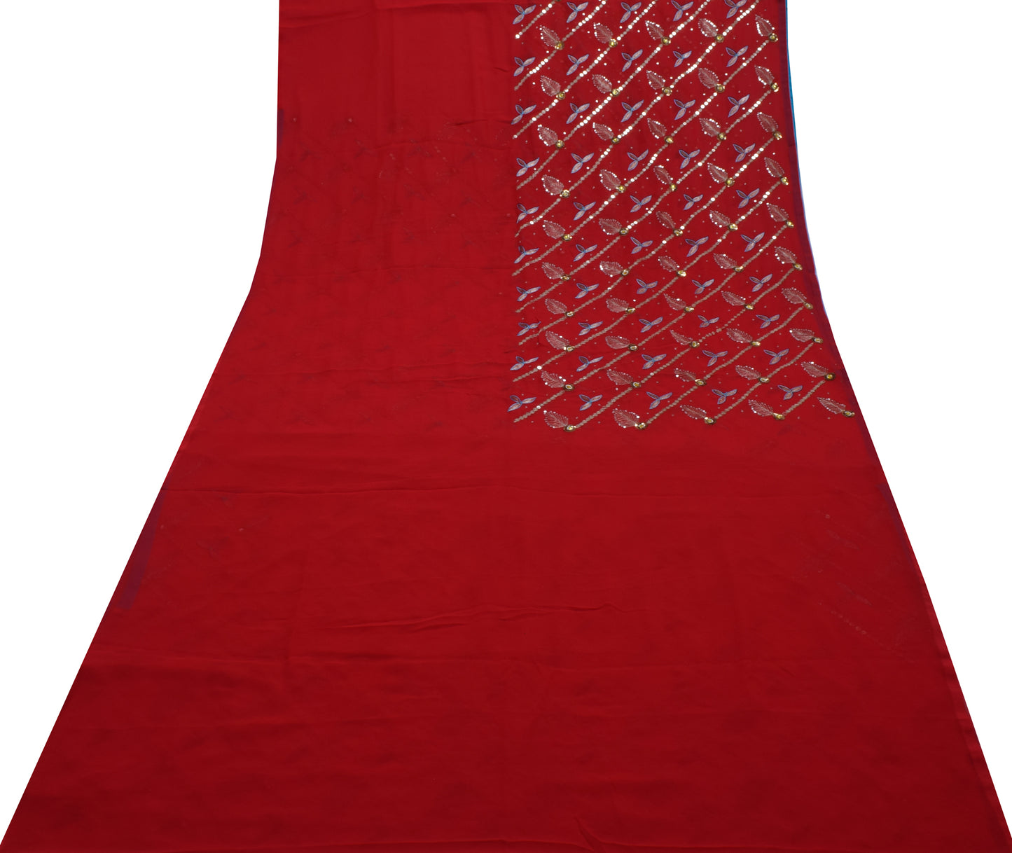 Sushila Vintage Red Saree Blend Georgette Embroidered Floral Sari Craft Fabric