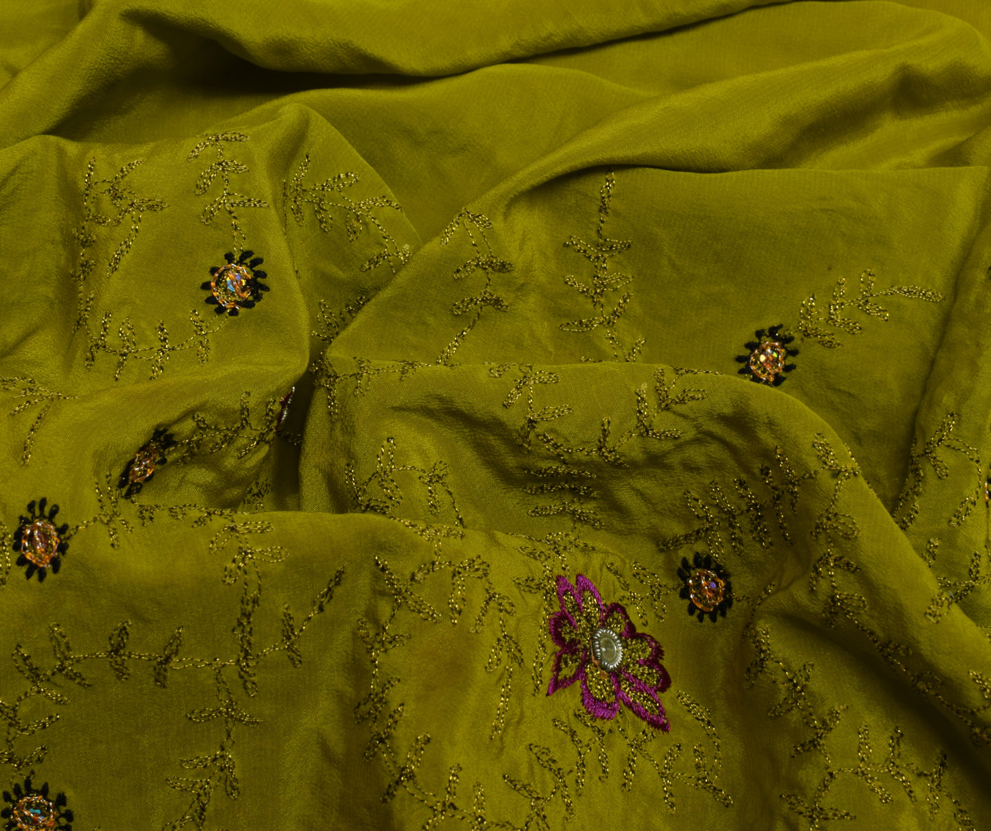 Sushila Vintage Green Saree Pure Crepe Silk Embroidered Floral Sari Fabric