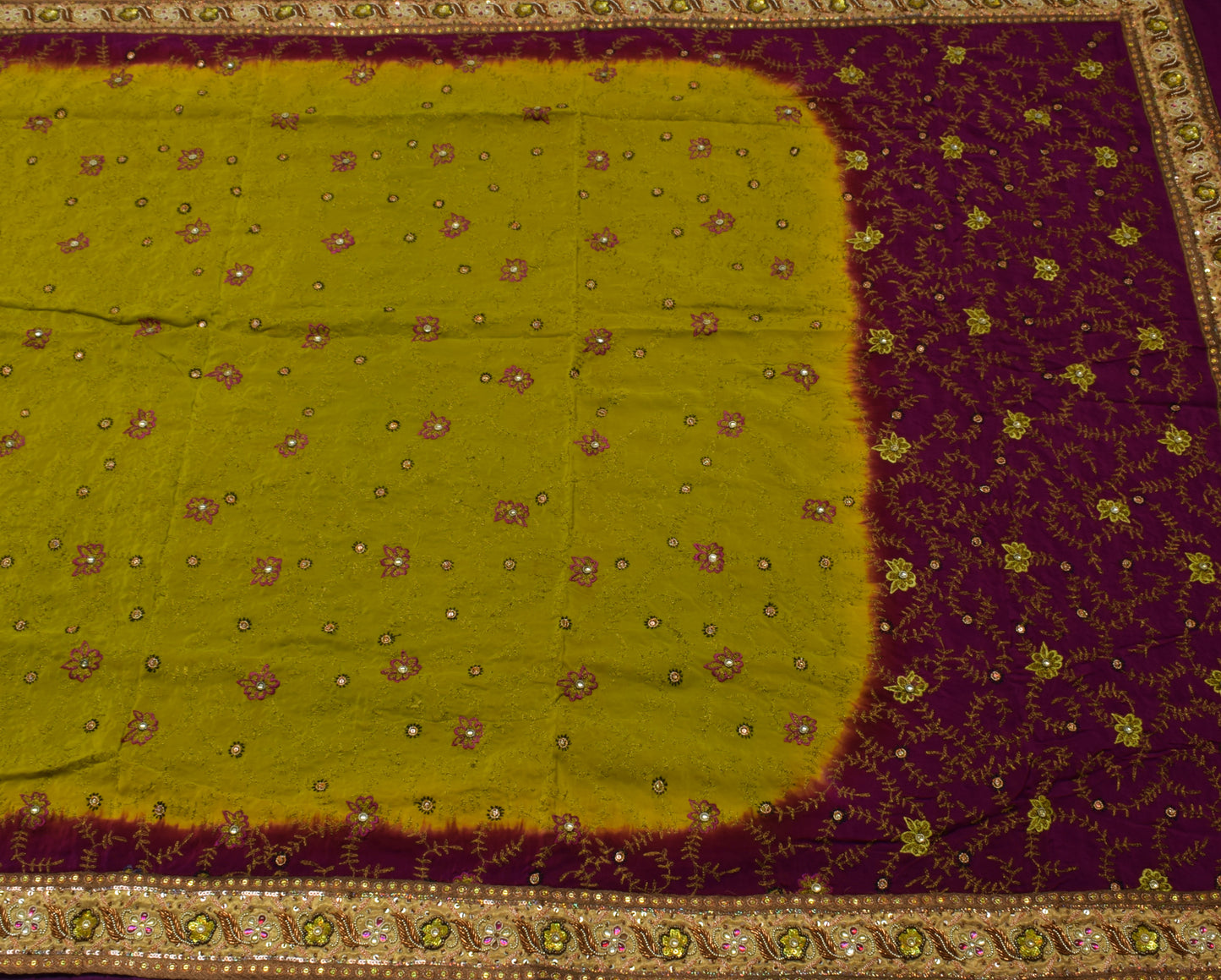 Sushila Vintage Green Saree Pure Crepe Silk Embroidered Floral Sari Fabric