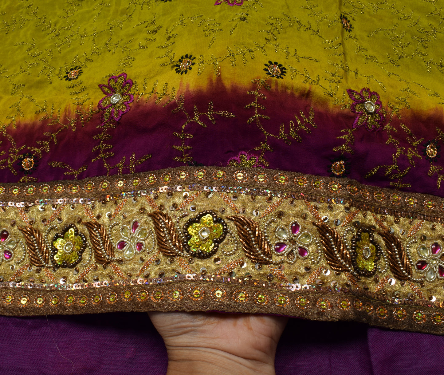 Sushila Vintage Green Saree Pure Crepe Silk Embroidered Floral Sari Fabric