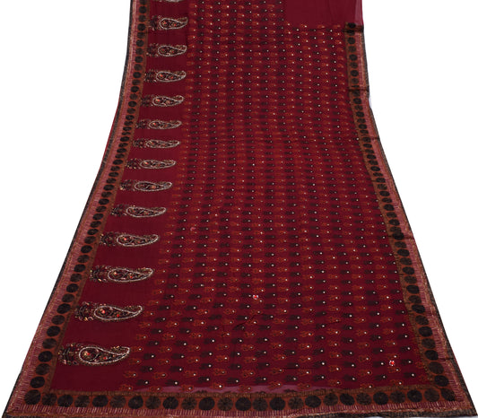 Sushila Vintage Maroon Saree Pure Georgette Hand Beaded Floral HEAVY Sari Craft Fabric