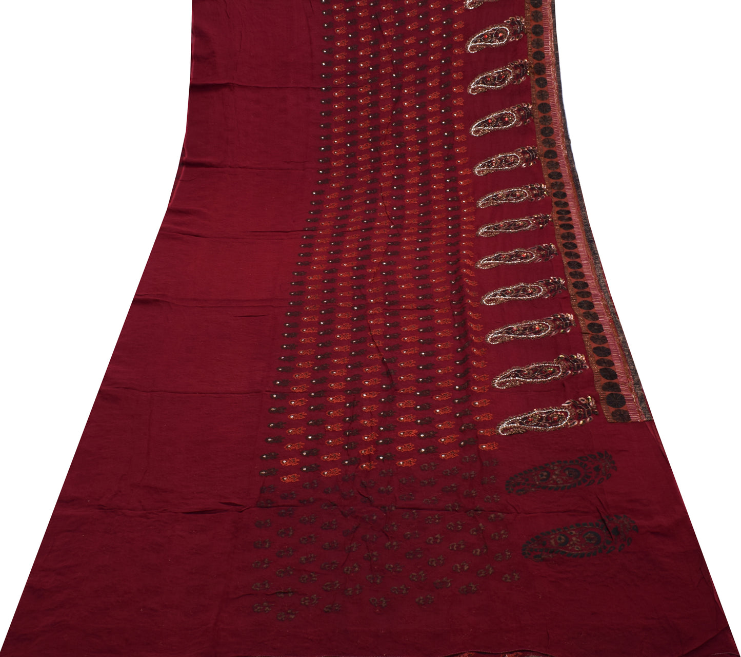 Sushila Vintage Maroon Saree Pure Georgette Hand Beaded Floral Sari Craft Fabric
