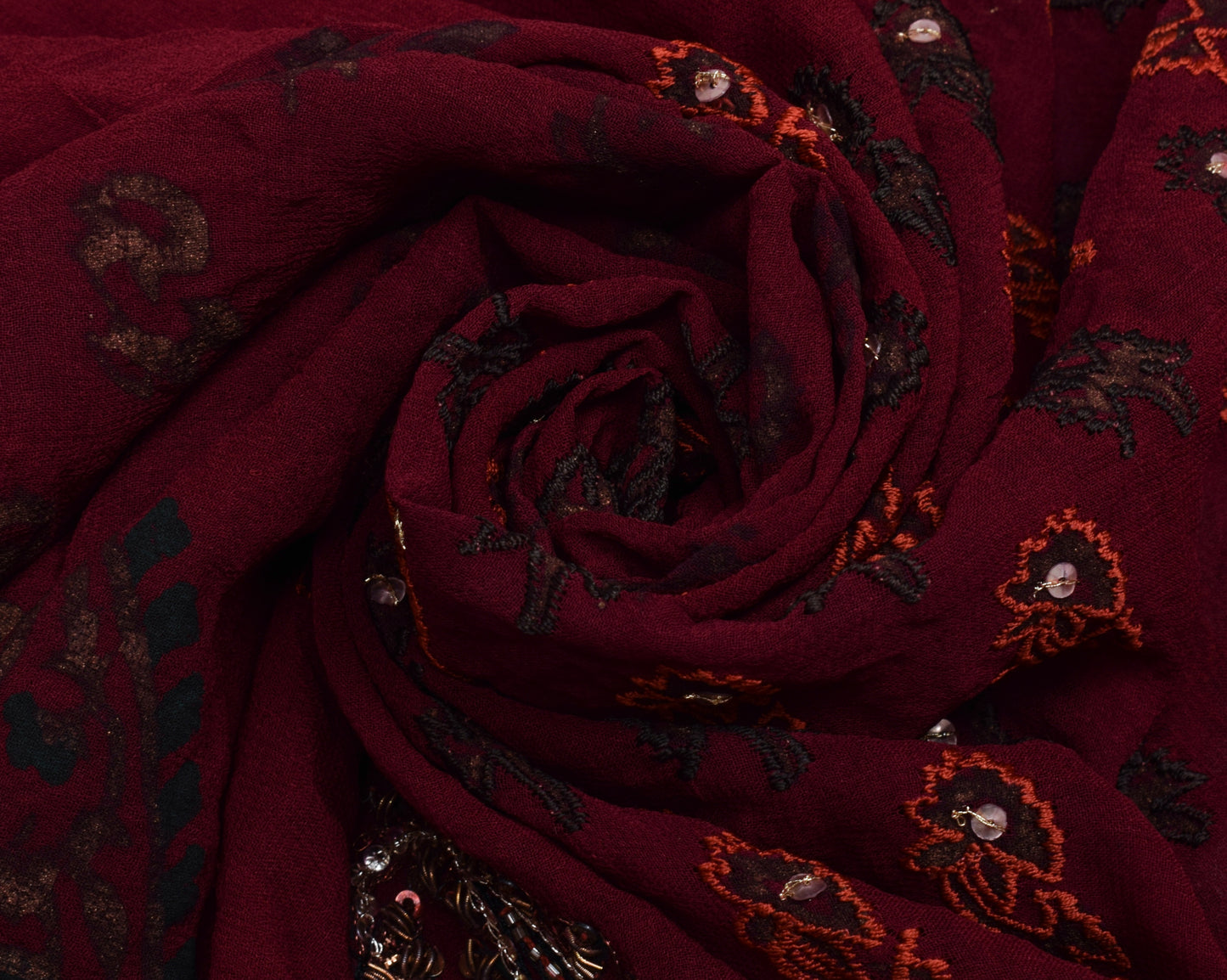 Sushila Vintage Maroon Saree Pure Georgette Hand Beaded Floral Sari Craft Fabric