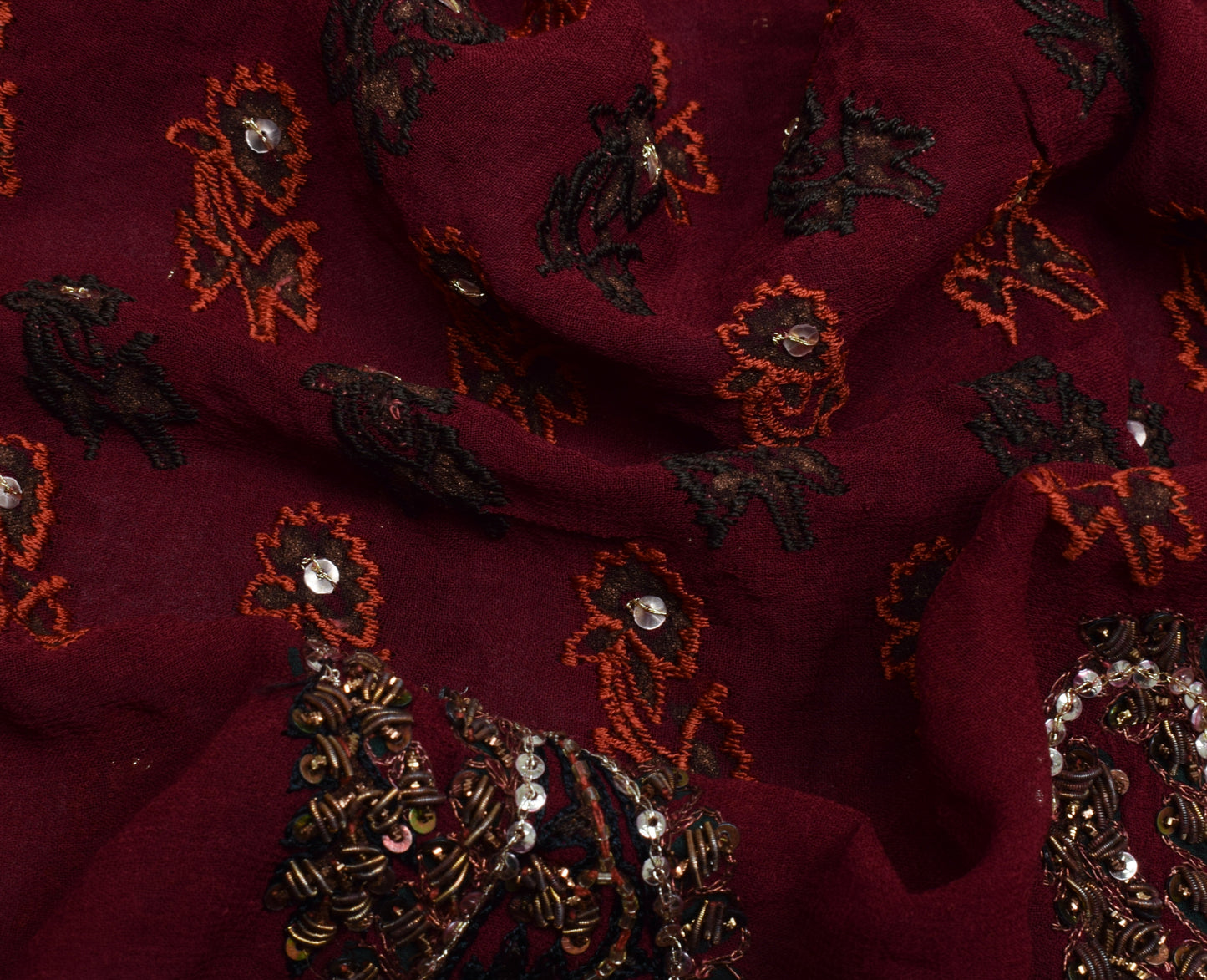 Sushila Vintage Maroon Saree Pure Georgette Hand Beaded Floral Sari Craft Fabric