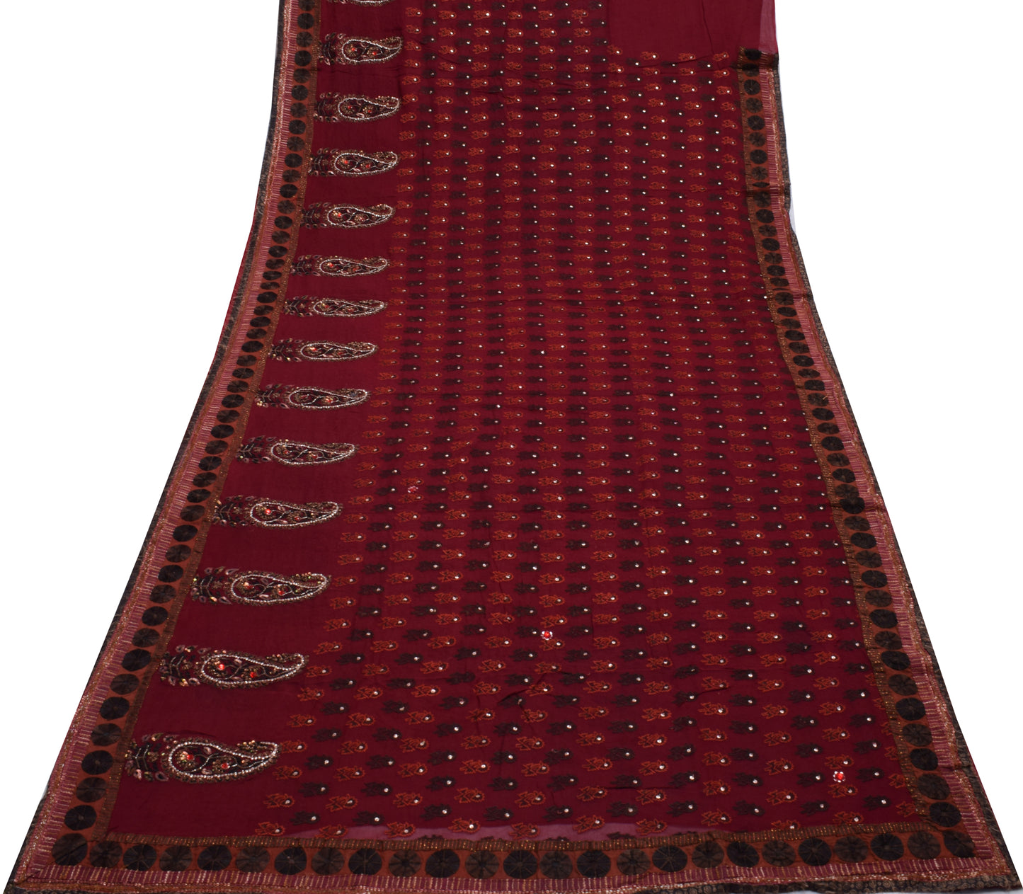 Sushila Vintage Maroon Saree Pure Georgette Hand Beaded Floral Sari Craft Fabric
