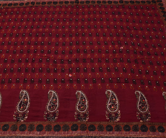 Sushila Vintage Maroon Saree Pure Georgette Hand Beaded Floral HEAVY Sari Craft Fabric