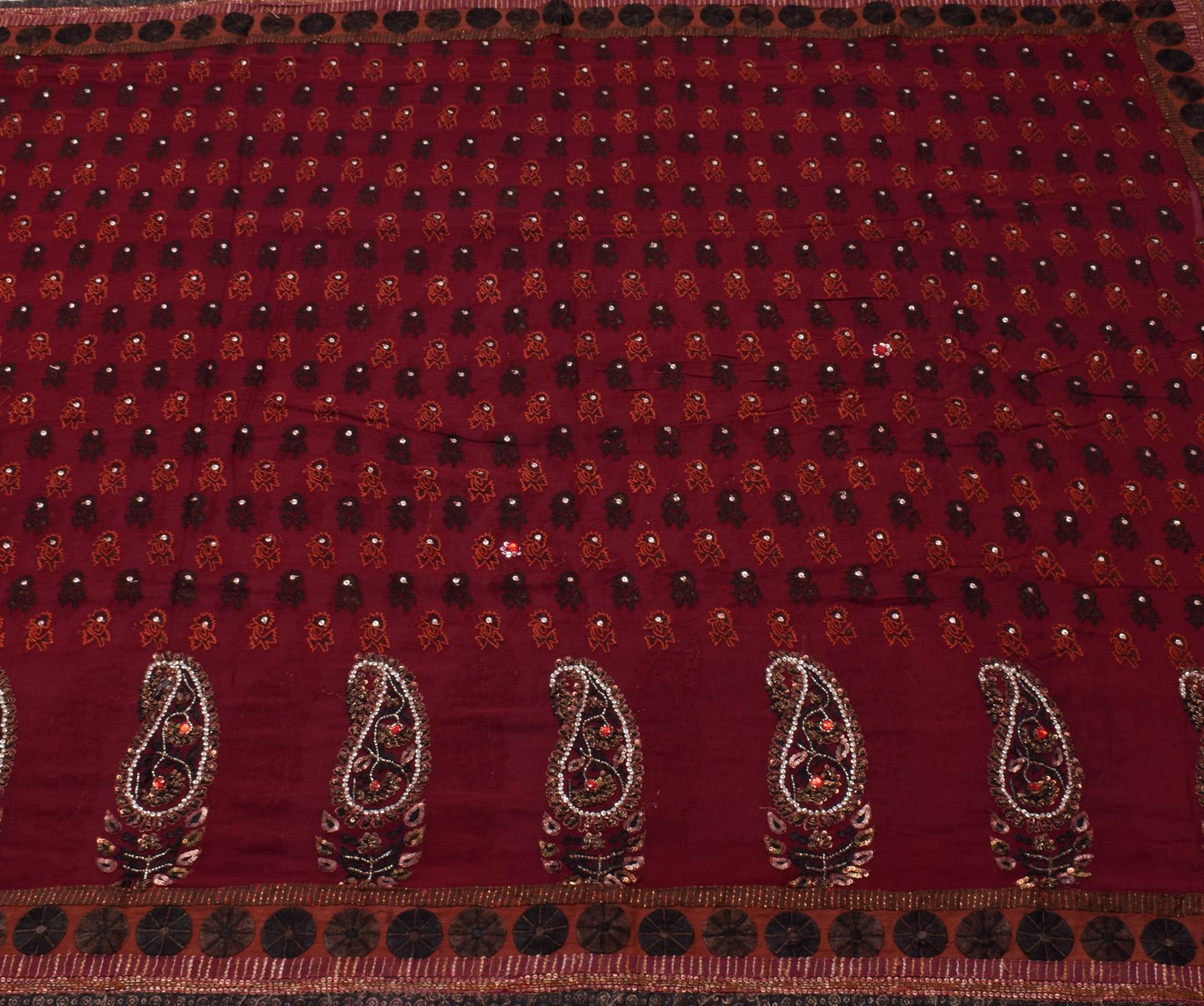 Sushila Vintage Maroon Saree Pure Georgette Hand Beaded Floral Sari Craft Fabric
