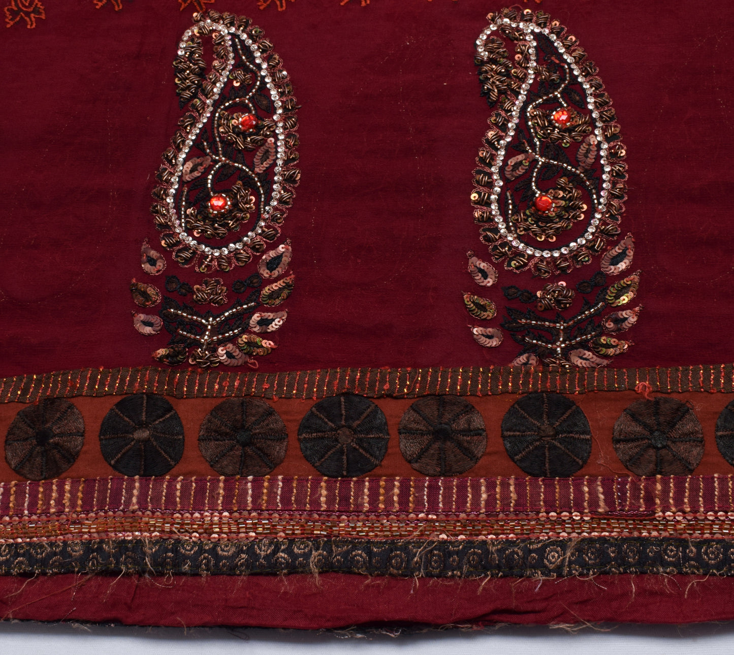 Sushila Vintage Maroon Saree Pure Georgette Hand Beaded Floral Sari Craft Fabric