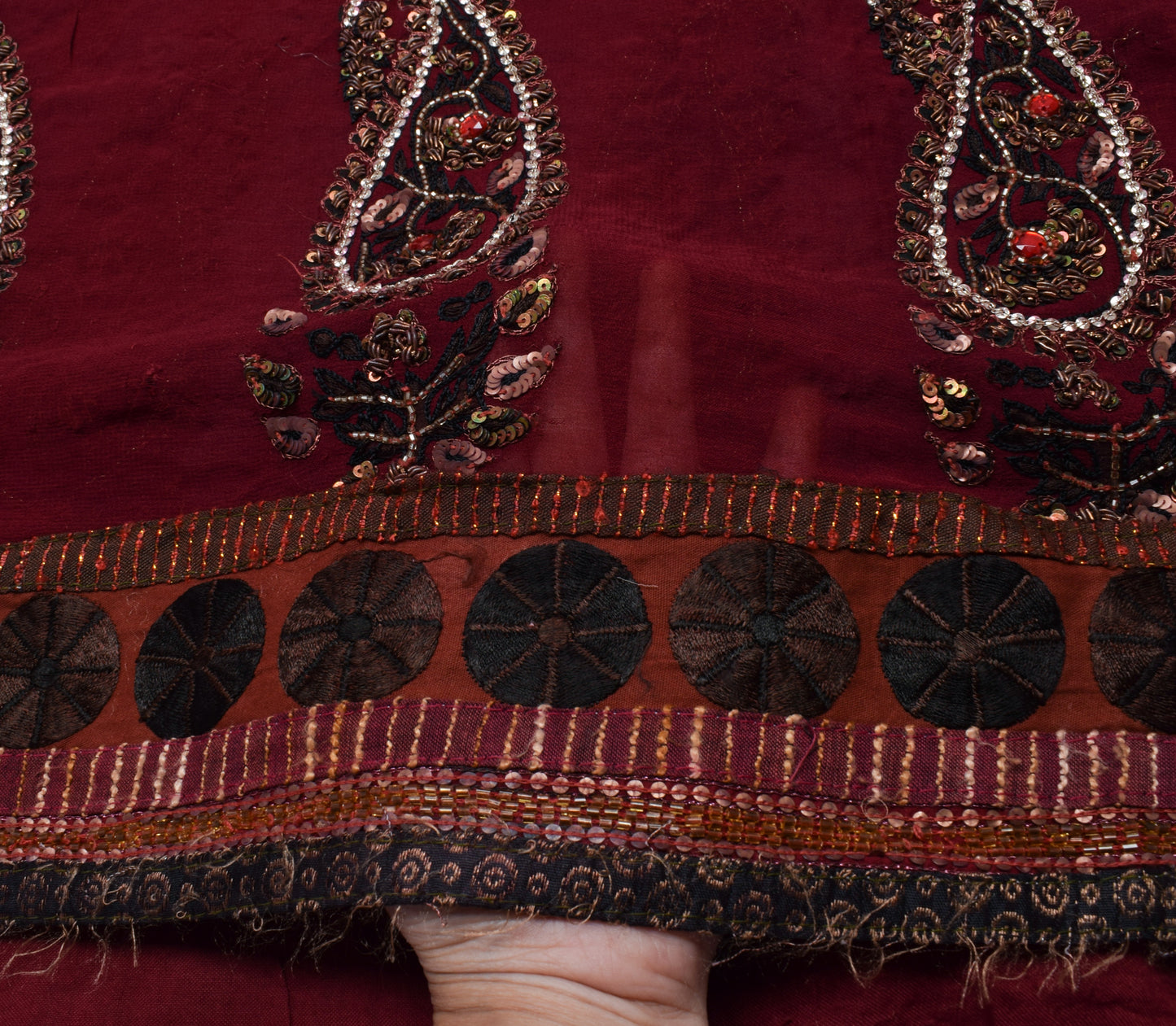 Sushila Vintage Maroon Saree Pure Georgette Hand Beaded Floral Sari Craft Fabric