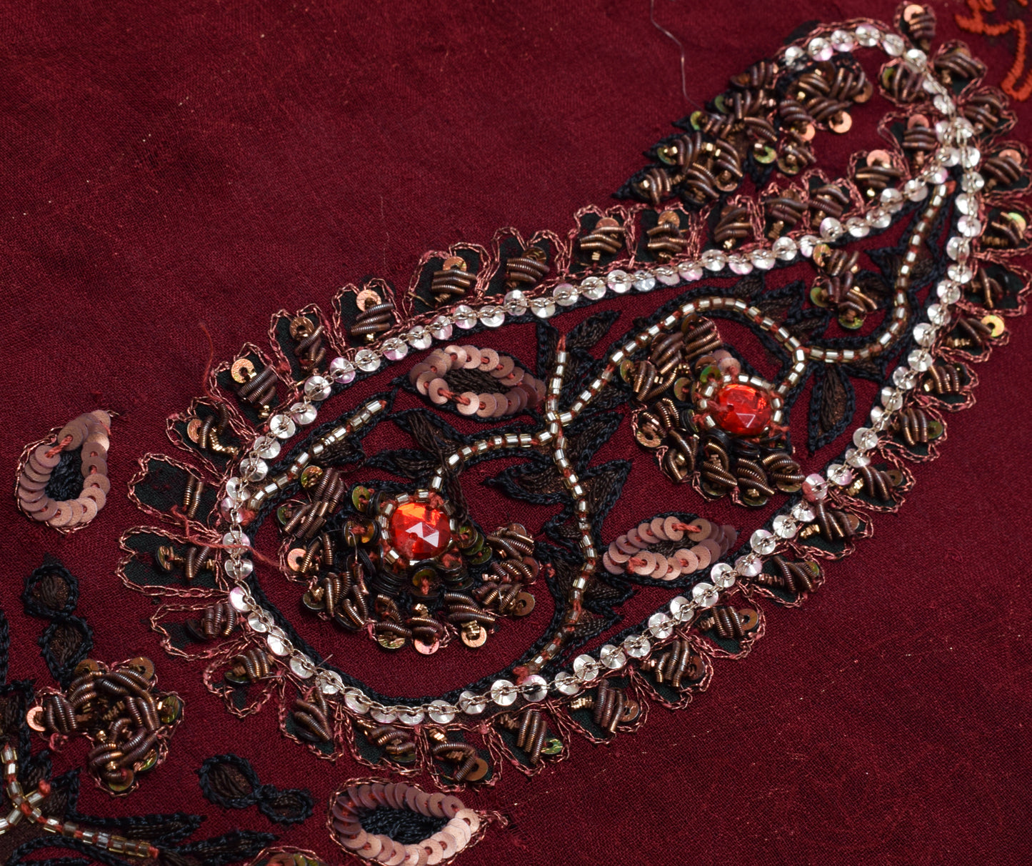 Sushila Vintage Maroon Saree Pure Georgette Hand Beaded Floral Sari Craft Fabric