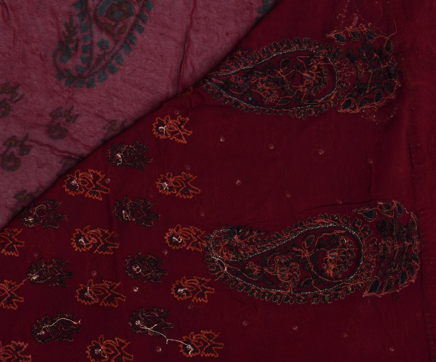 Sushila Vintage Maroon Saree Pure Georgette Hand Beaded Floral Sari Craft Fabric