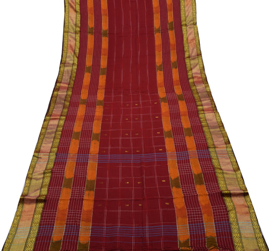 Sushila Vintage Indian Maroon Saree 100% Pure Cotton Woven Sari Craft Fabric