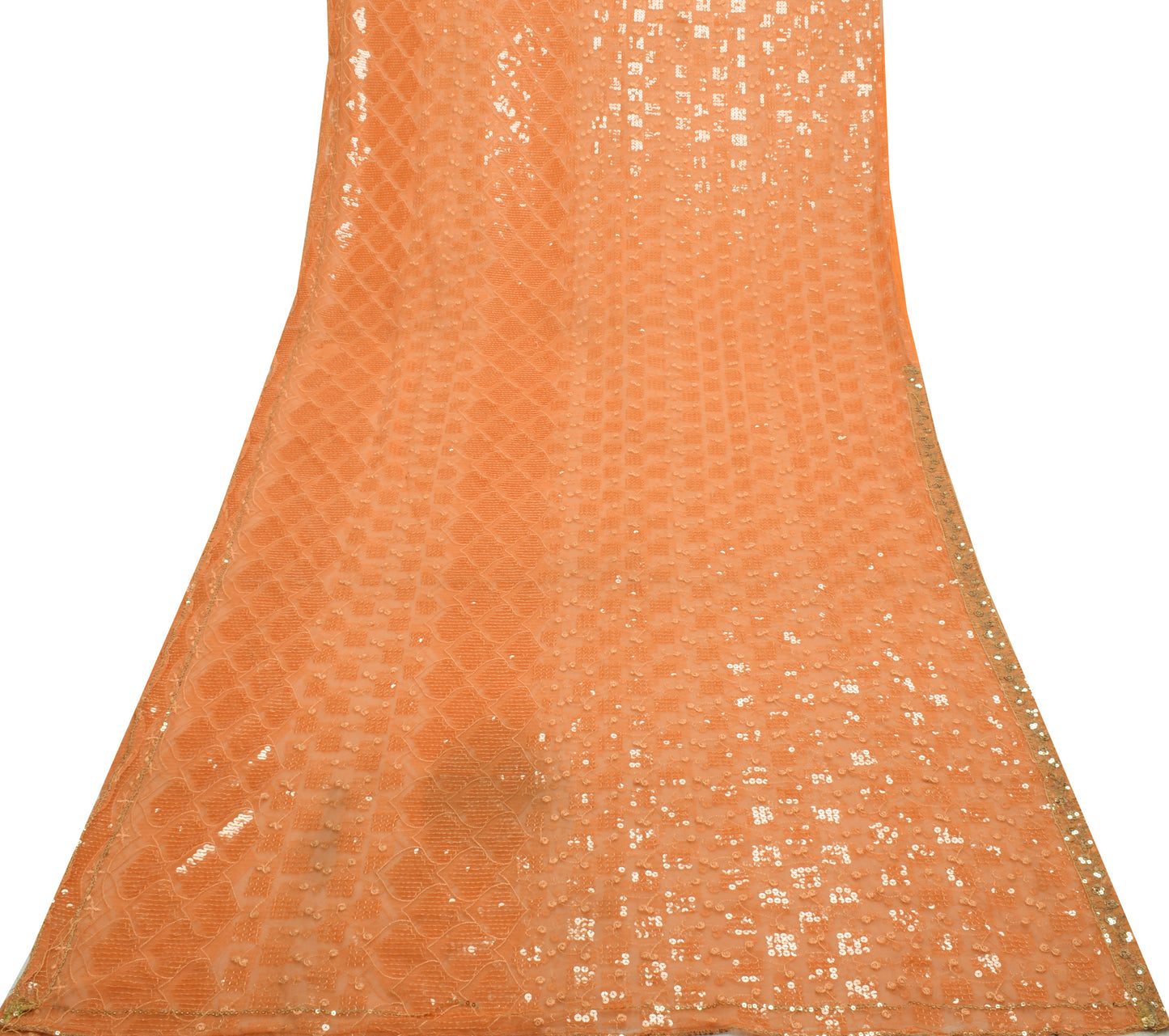 Sushila Vintage Indian Peach Saree Net Mesh Sequins Work Sari Craft Fabric