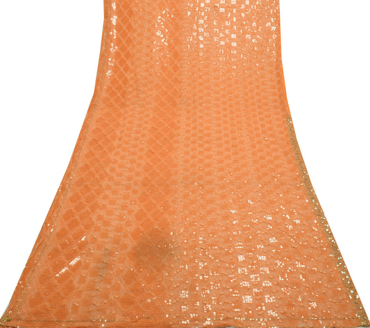 Sushila Vintage Indian Peach Saree Net Mesh Sequins Work Sari Craft Fabric