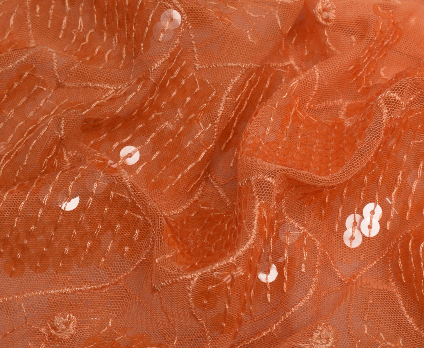 Sushila Vintage Indian Peach Saree Net Mesh Sequins Work Sari Craft Fabric