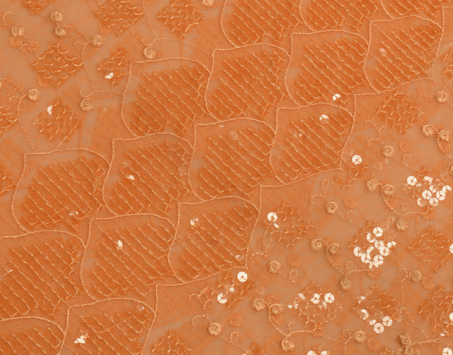 Sushila Vintage Indian Peach Saree Net Mesh Sequins Work Sari Craft Fabric