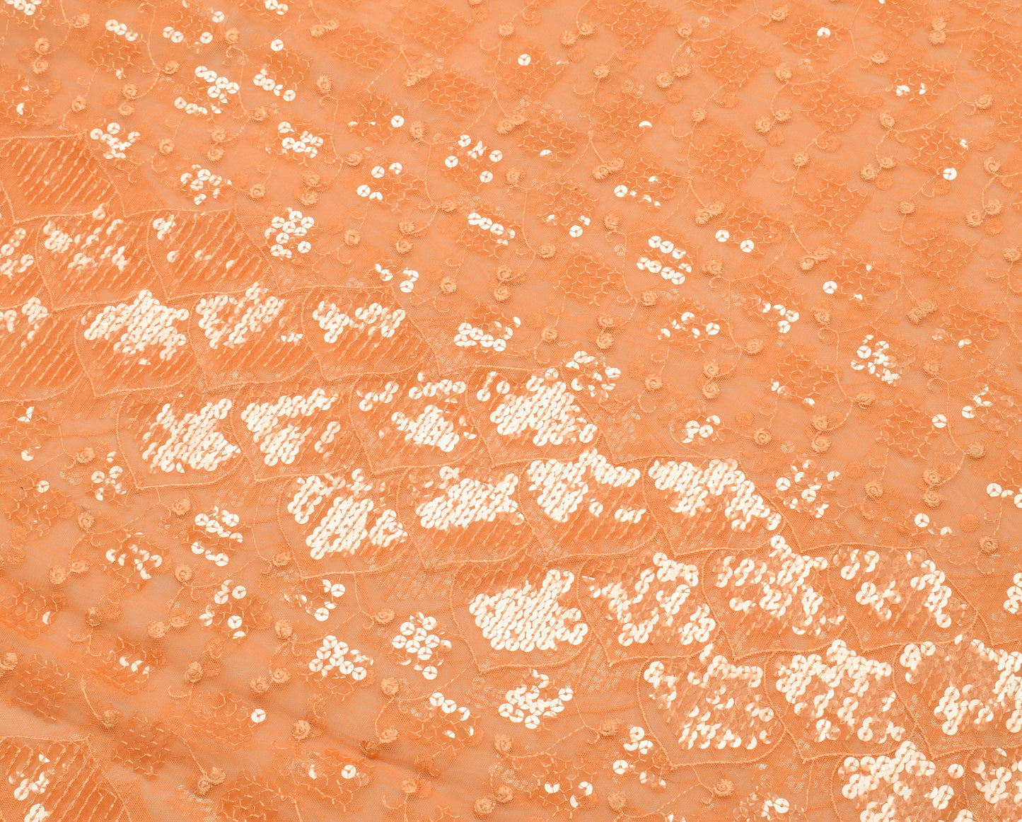 Sushila Vintage Indian Peach Saree Net Mesh Sequins Work Sari Craft Fabric