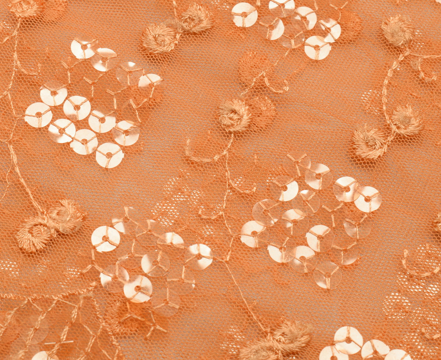Sushila Vintage Indian Peach Saree Net Mesh Sequins Work Sari Craft Fabric