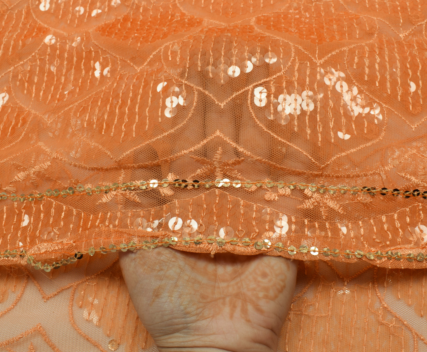 Sushila Vintage Indian Peach Saree Net Mesh Sequins Work Sari Craft Fabric