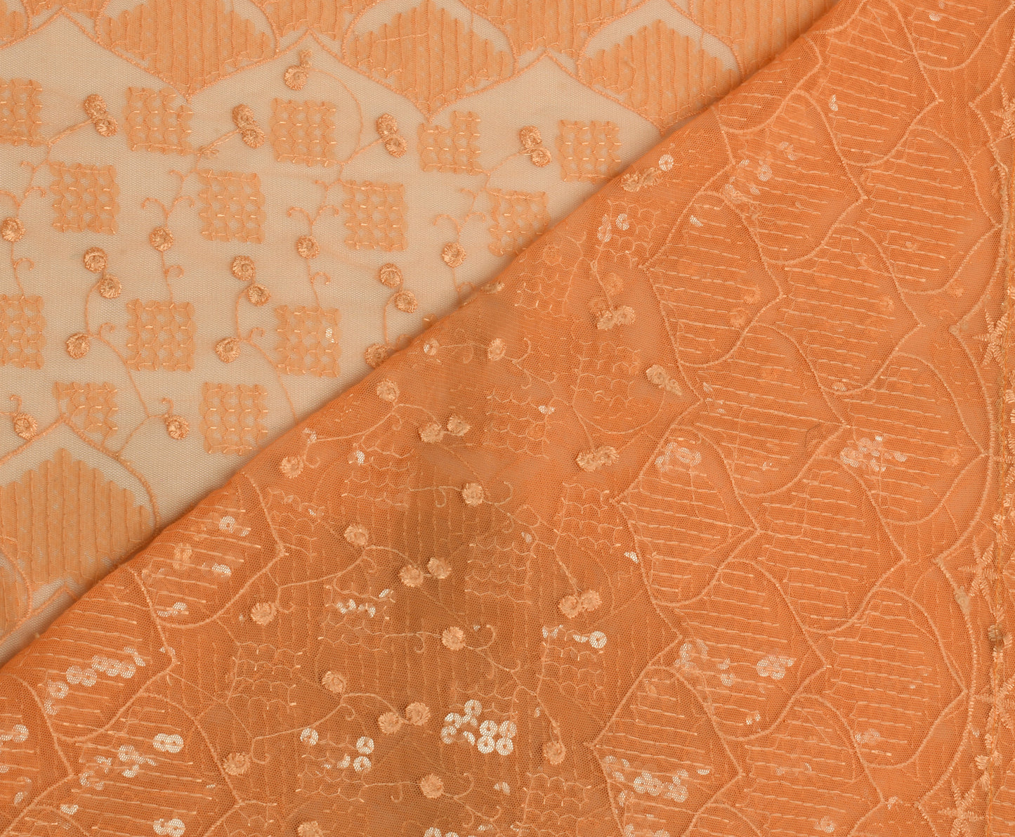 Sushila Vintage Indian Peach Saree Net Mesh Sequins Work Sari Craft Fabric