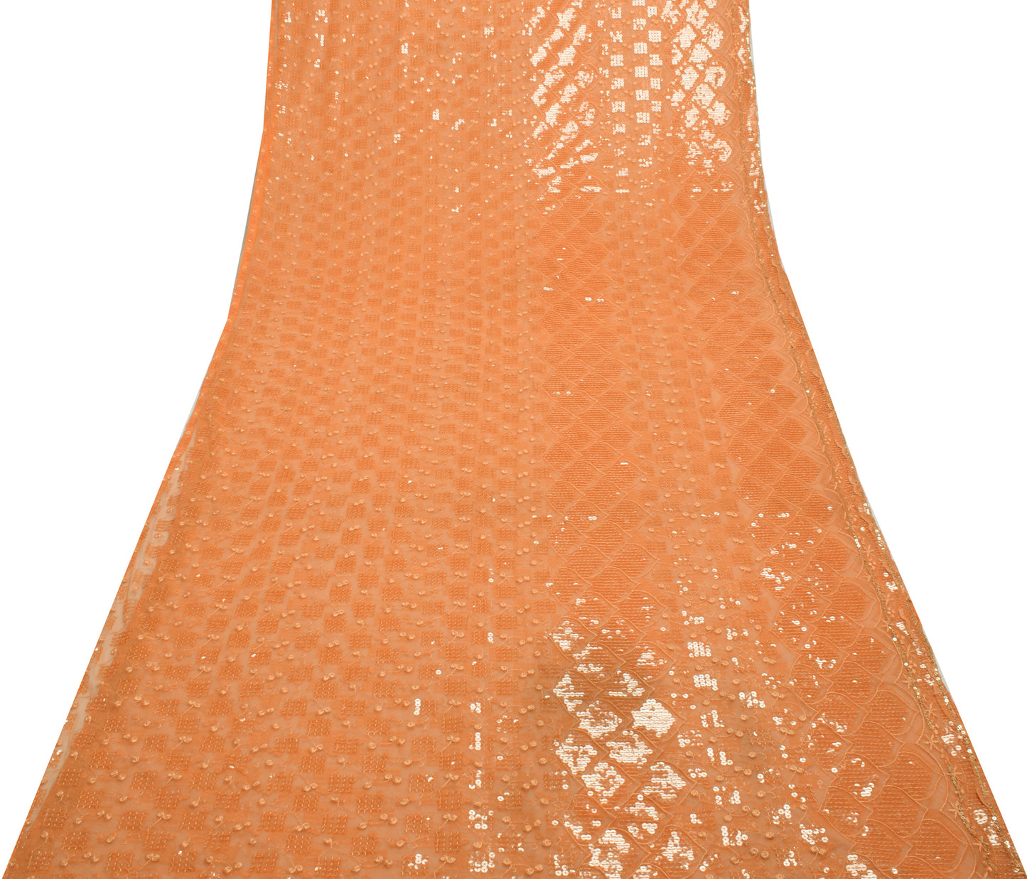 Sushila Vintage Indian Peach Saree Net Mesh Sequins Work Sari Craft Fabric