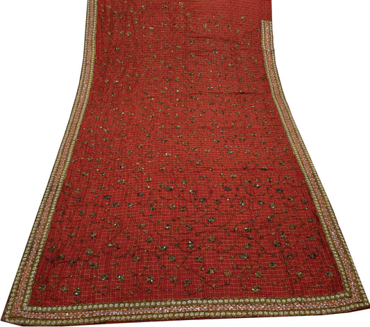 Sushila Vintage Maroon Saree Pure Georgette Silk Hand Beaded Floral Sari Fabric