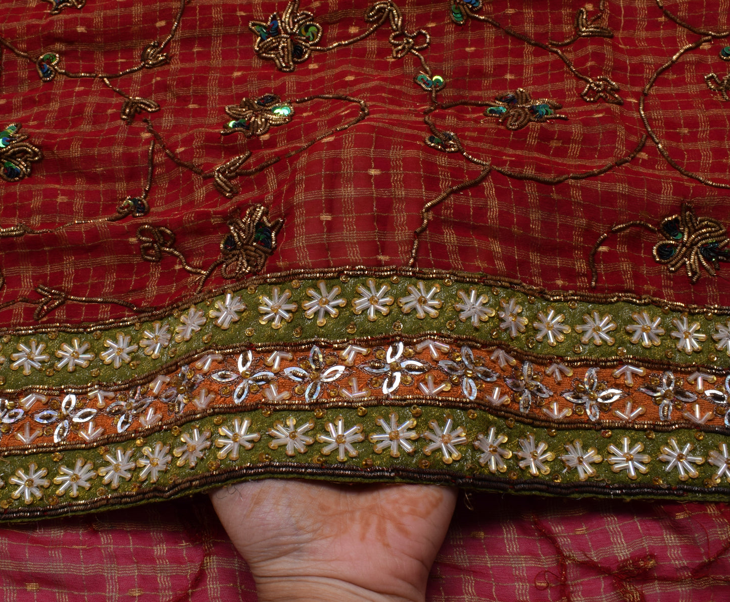 Sushila Vintage Maroon HEAVY Saree Pure Georgette Hand Work Floral Wedding Sari Dress Fabric