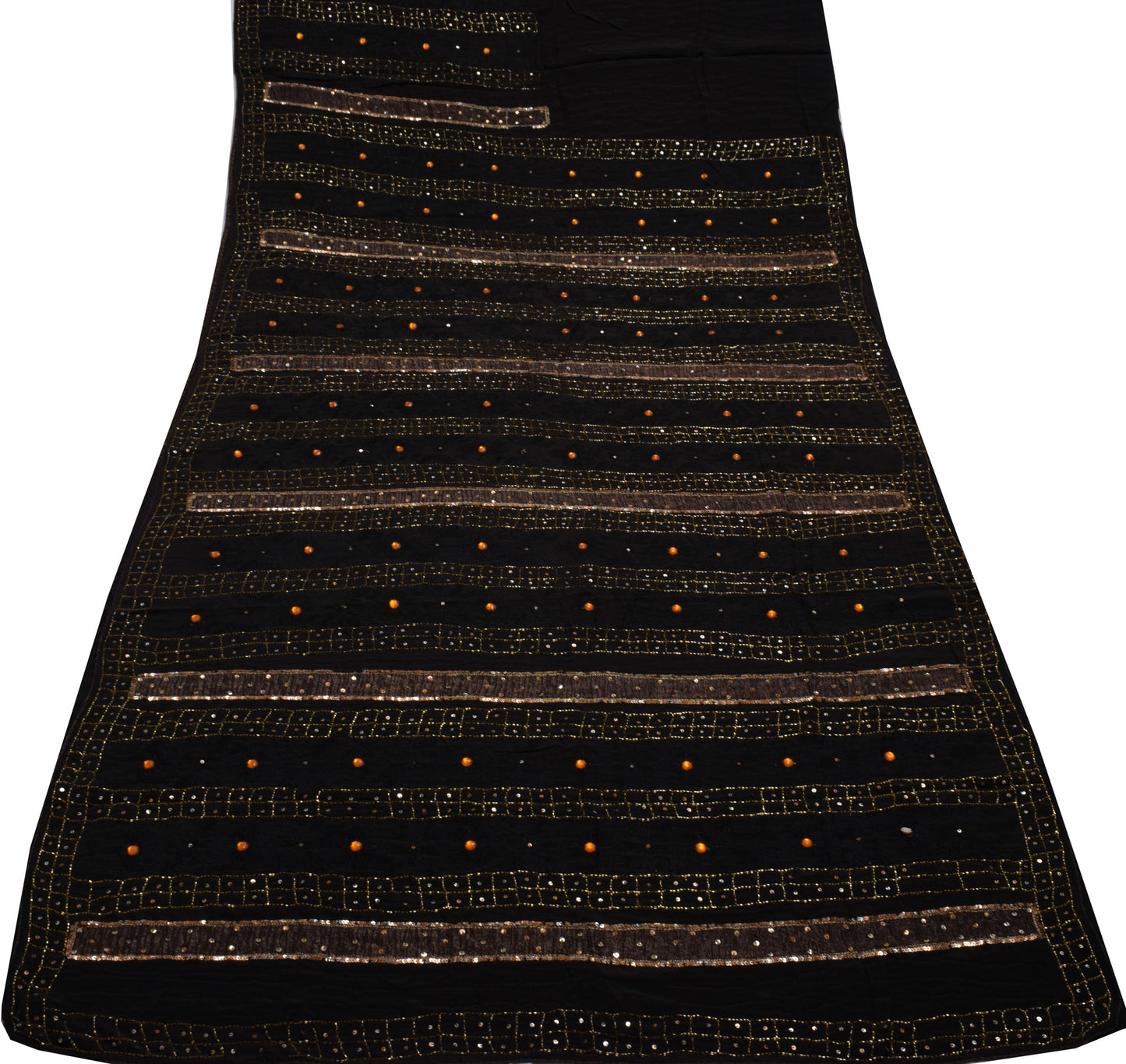 Sushila Vintage Black Saree Pure Crepe Silk Hand Beaded Floral Sari Craft Fabric