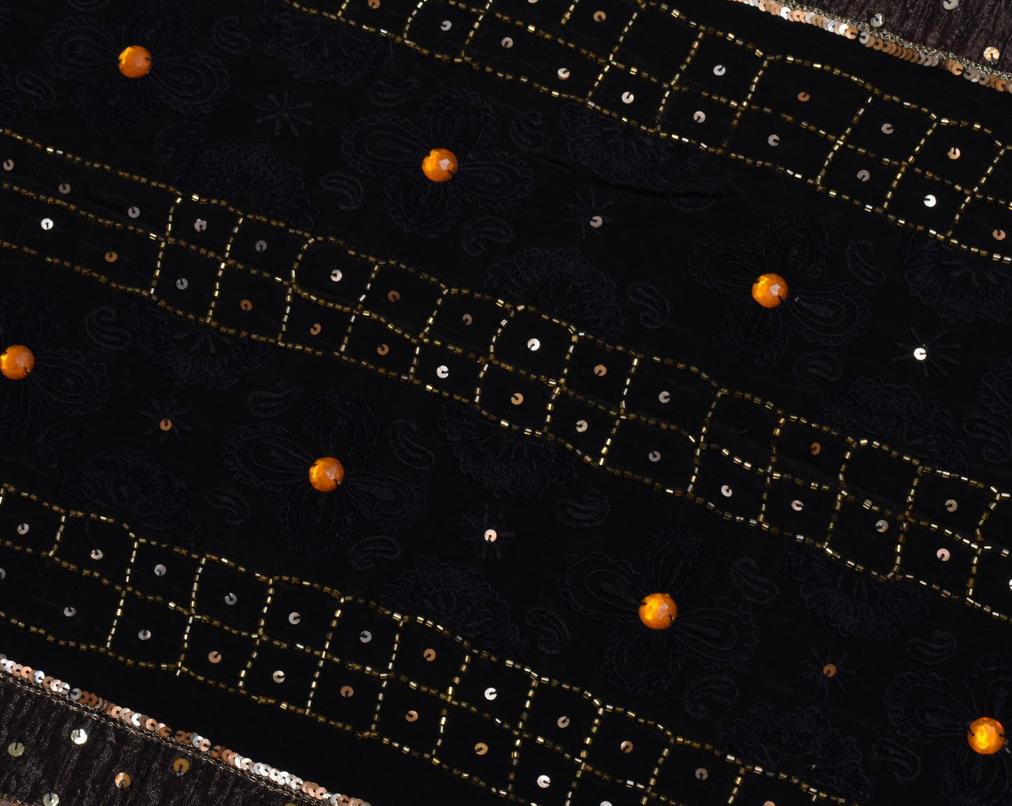 Sushila Vintage Black Saree Pure Crepe Silk Hand Beaded Floral Sari Craft Fabric