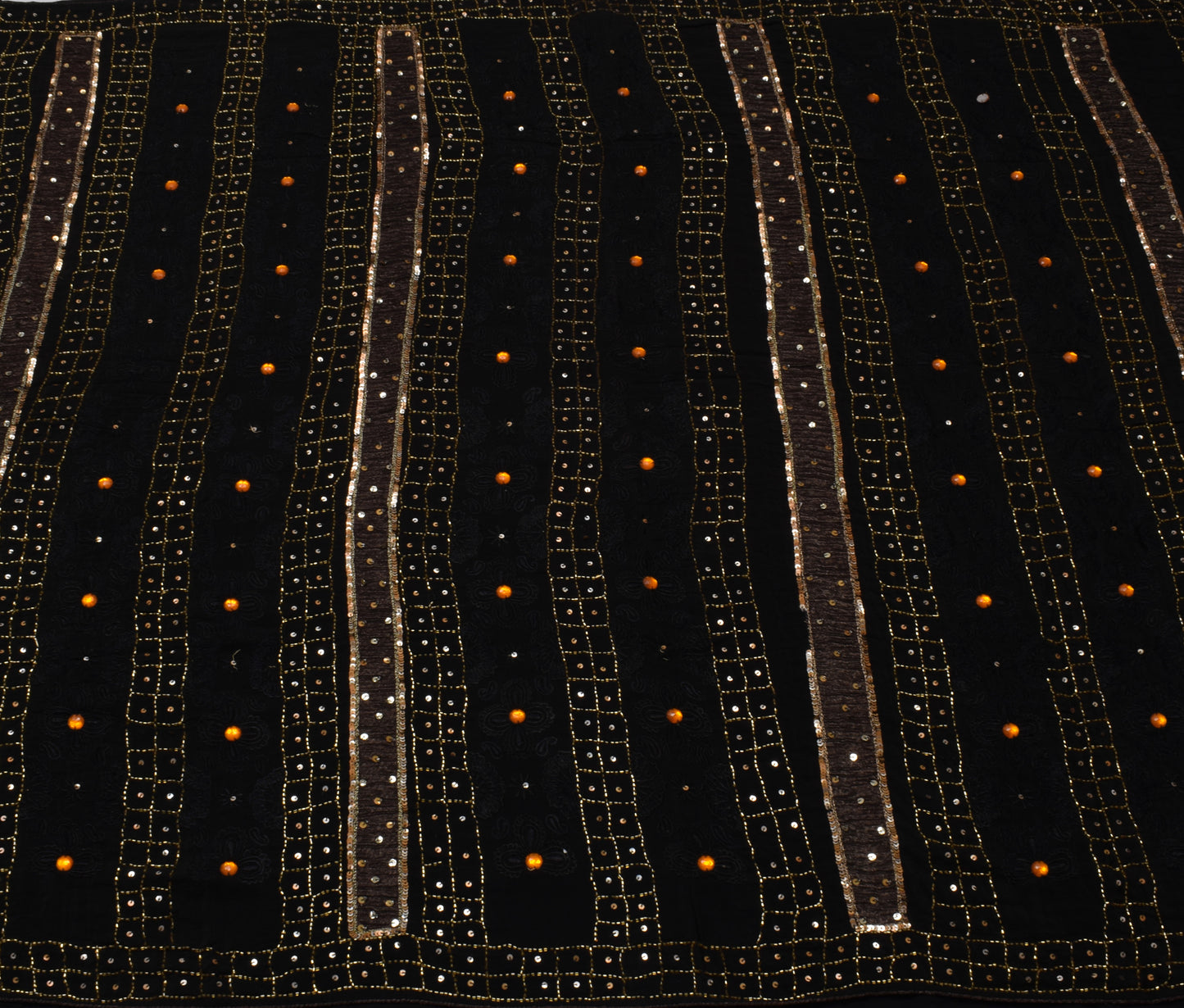Sushila Vintage Black Saree Pure Crepe Silk Hand Beaded Floral Sari Craft Fabric