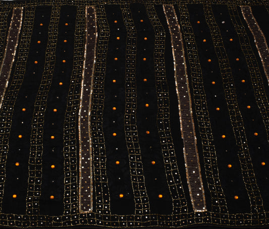 Sushila Vintage Black Saree Pure Crepe Silk Hand Beaded Floral Sari Craft Fabric