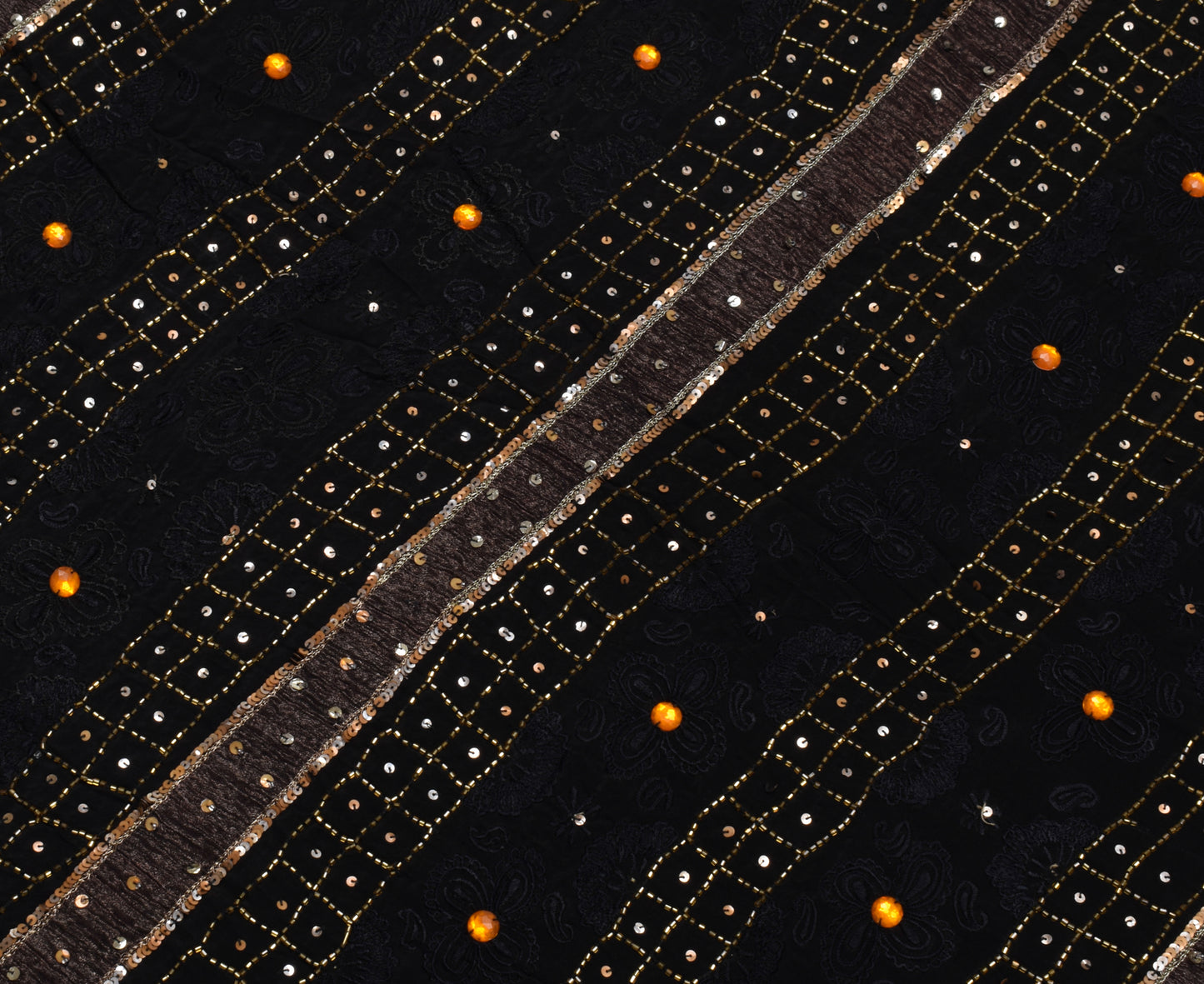 Sushila Vintage Black Saree Pure Crepe Silk Hand Beaded Floral Sari Craft Fabric