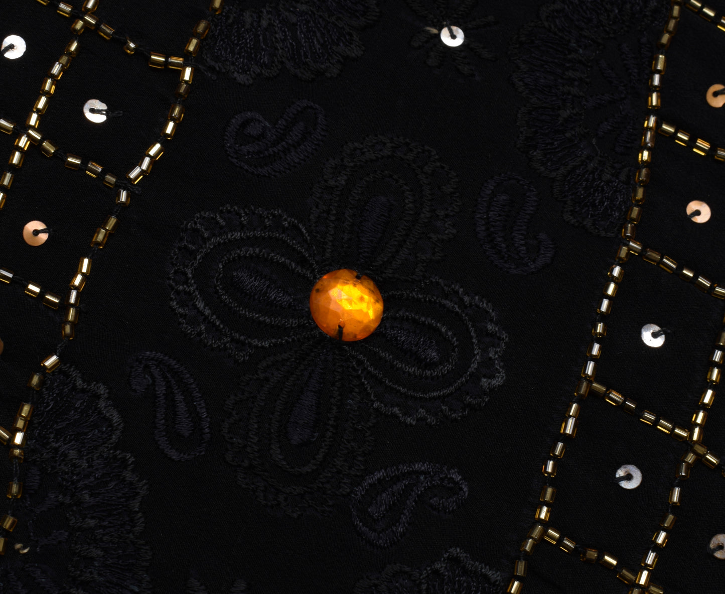 Sushila Vintage Black Saree Pure Crepe Silk Hand Beaded Floral Sari Craft Fabric