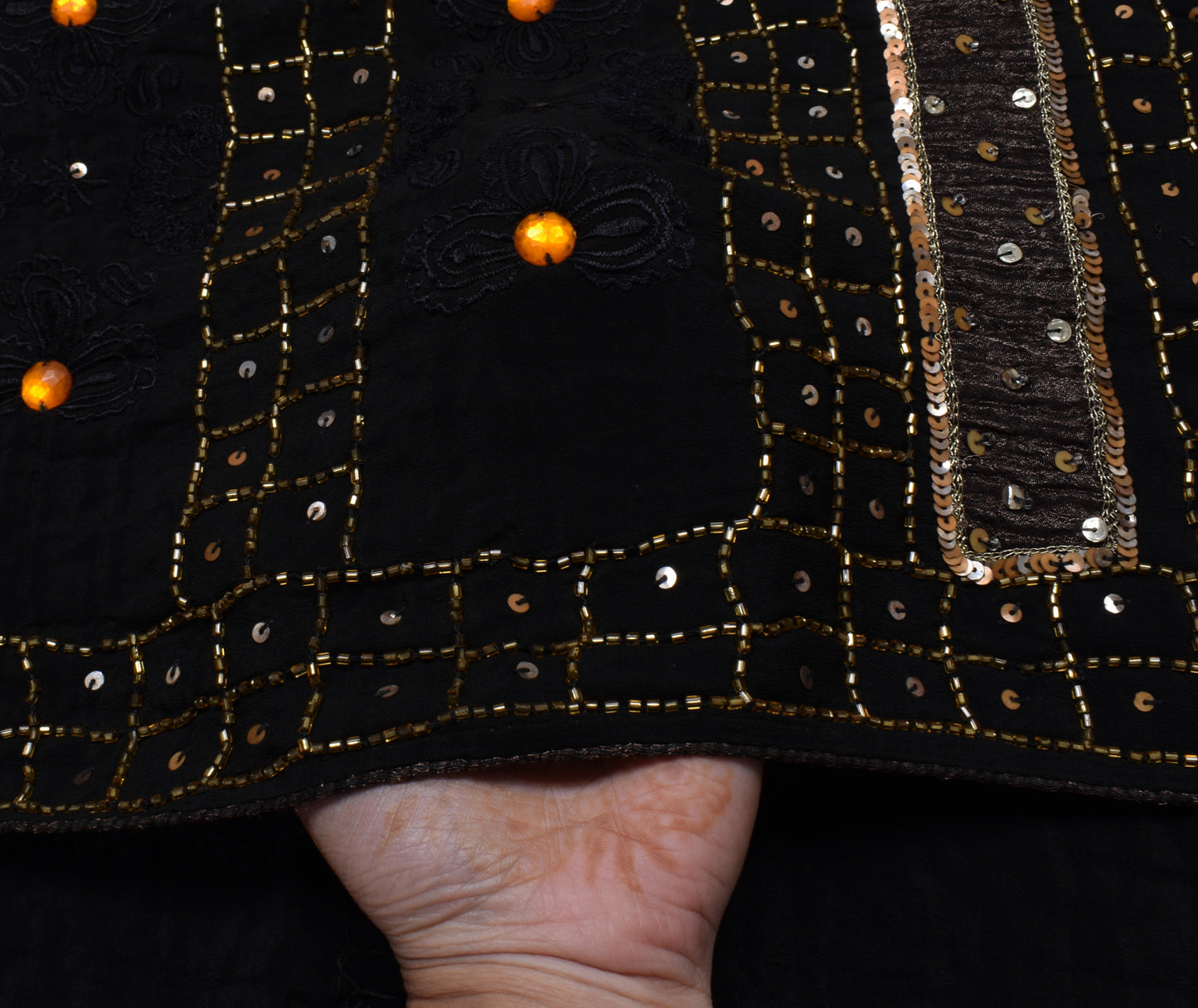 Sushila Vintage Black Saree Pure Crepe Silk Hand Beaded Floral Sari Craft Fabric