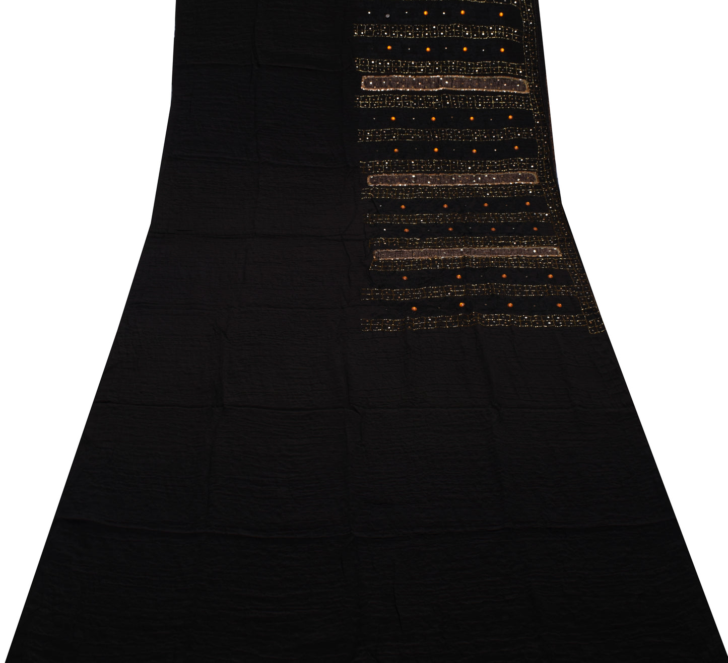 Sushila Vintage Black Saree Pure Crepe Silk Hand Beaded Floral Sari Craft Fabric