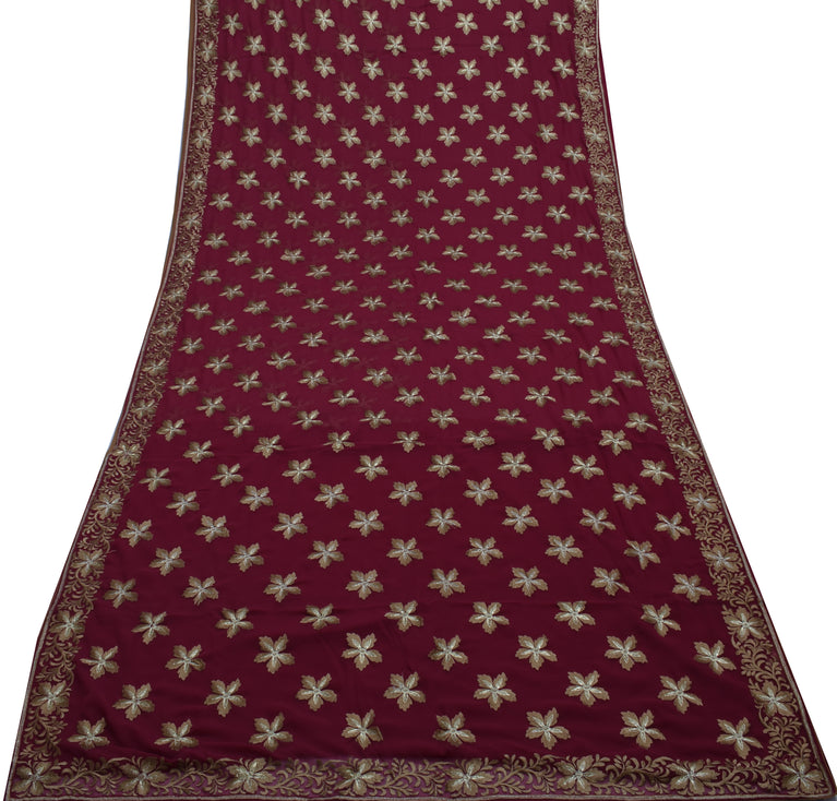 Sushila Vintage Garnet Saree Blend Georgette Embroidered Floral Sari Fabric