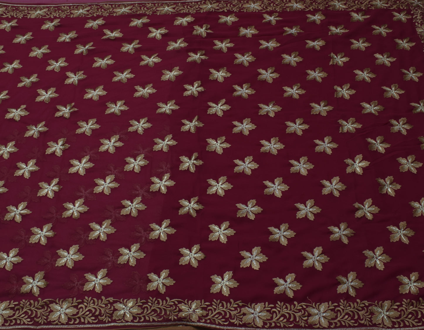 Sushila Vintage Garnet Saree Blend Georgette Embroidered Floral Sari Fabric