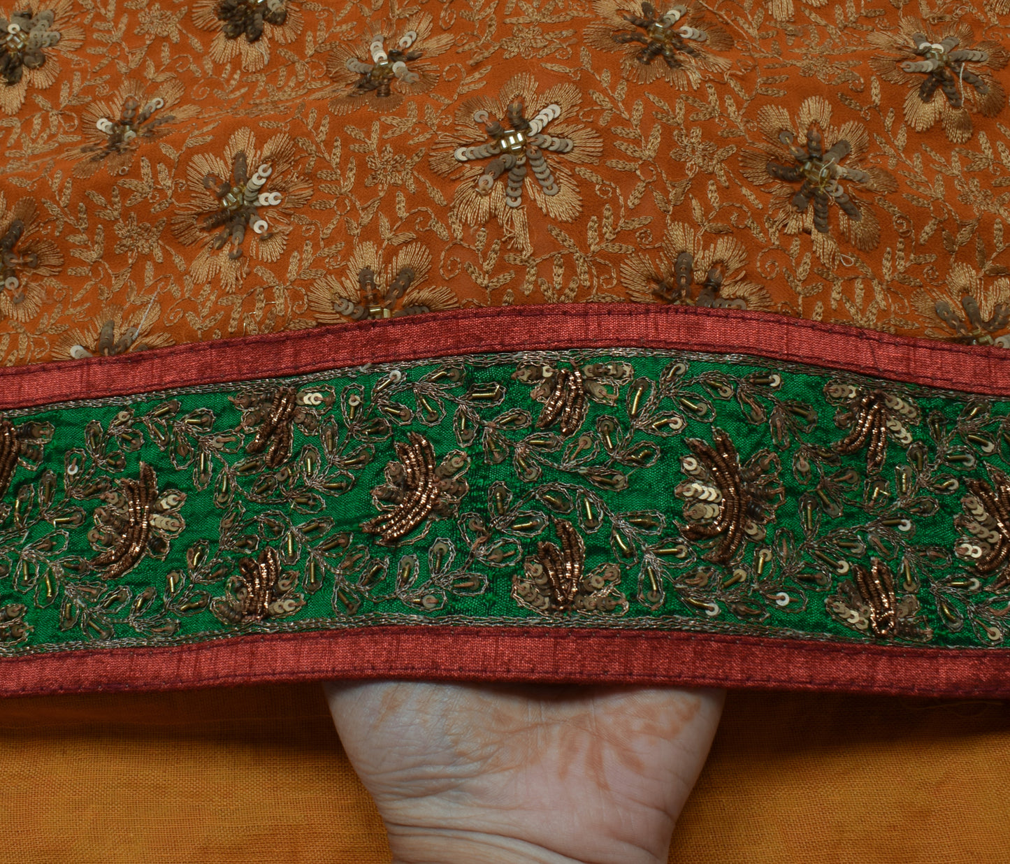 Sushila Vintage Mustard Saree Blend Georgette Silk Embroidered Sari Craft Fabric