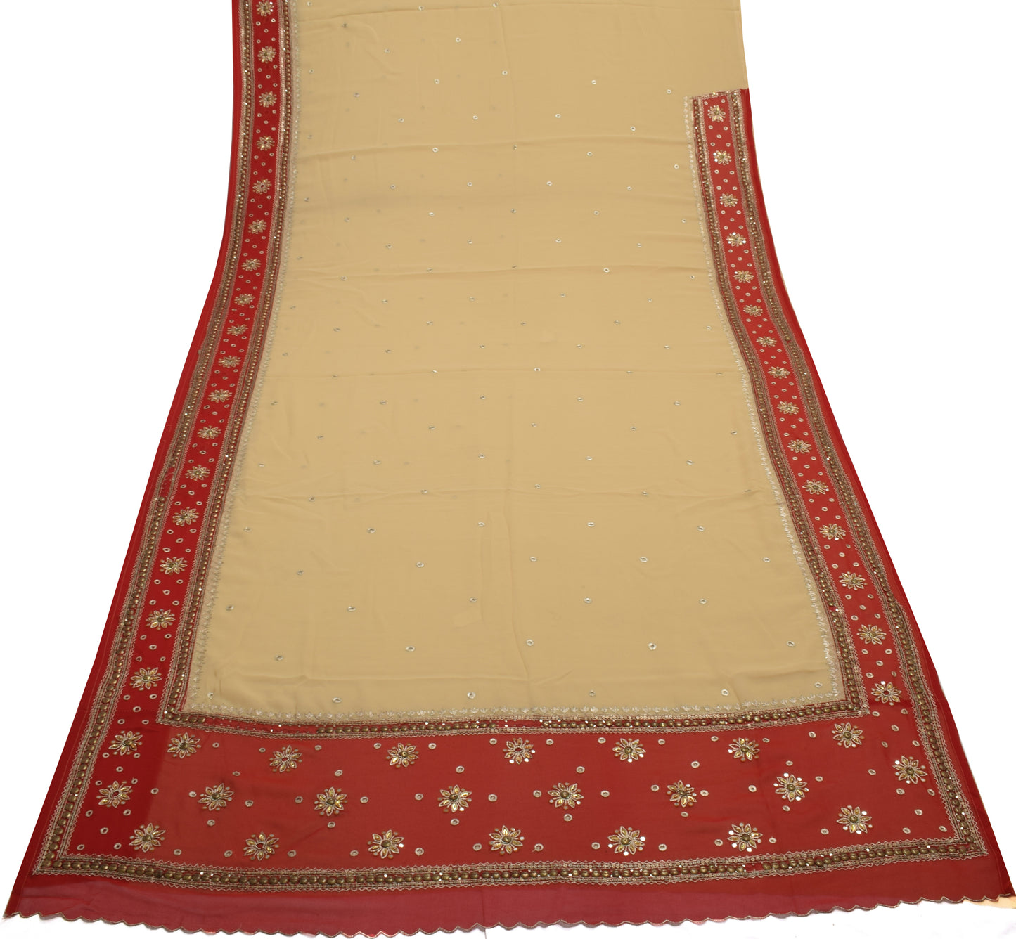 Sushila Vintage Cream Saree Art Georgette Sari Zari Embroidered Craft Fabric