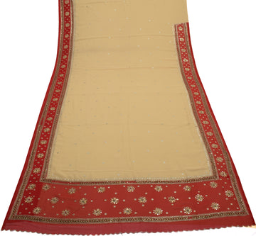 Sushila Vintage Indian Cream Saree Blend Georgette Silk Sari 5 Yard Craft Fabric