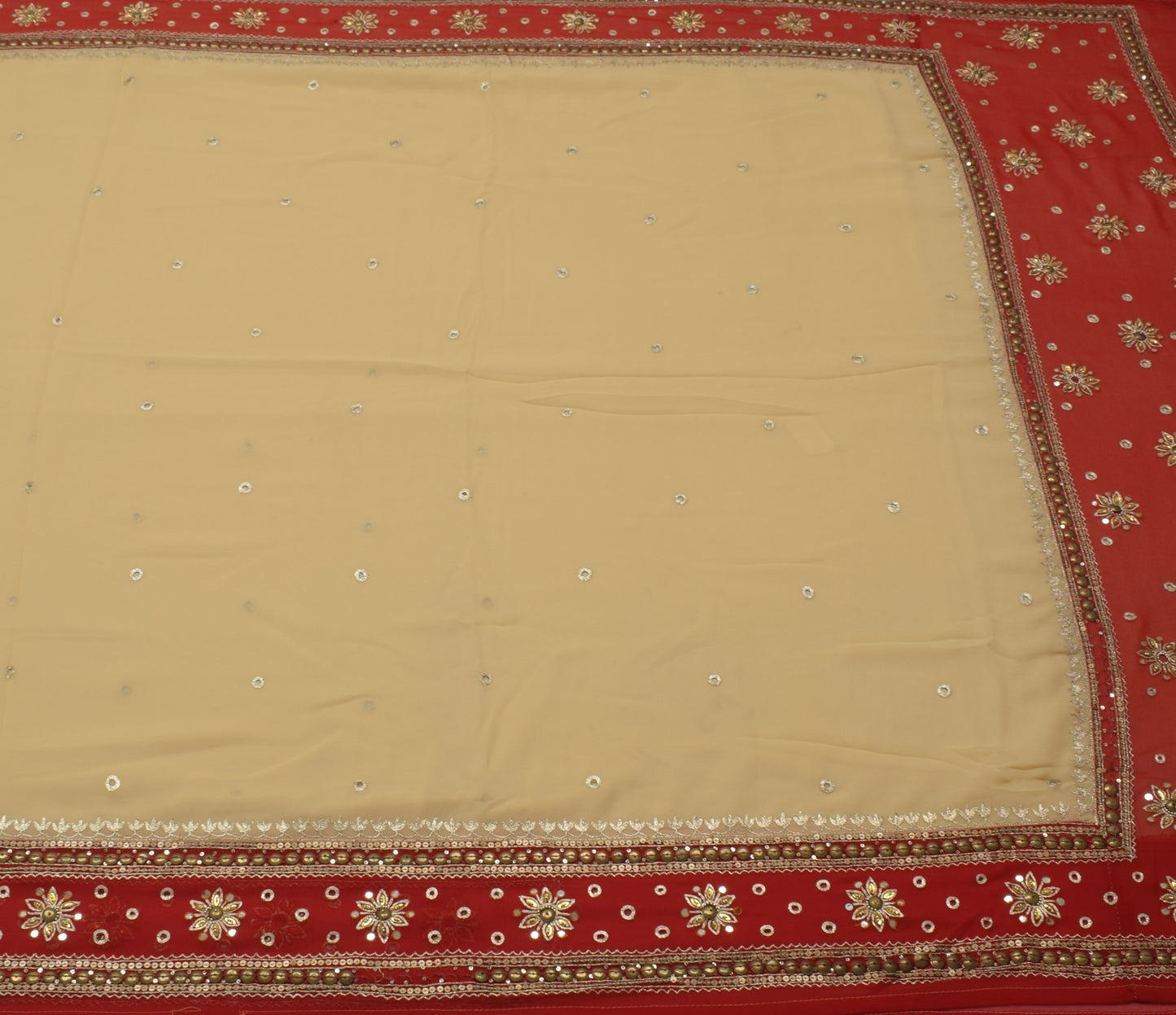 Sushila Vintage Cream Saree Art Georgette Sari Zari Embroidered Craft Fabric