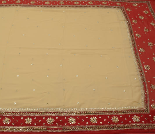 Sushila Vintage Cream Saree Art Georgette Sari Zari Embroidered Craft Fabric