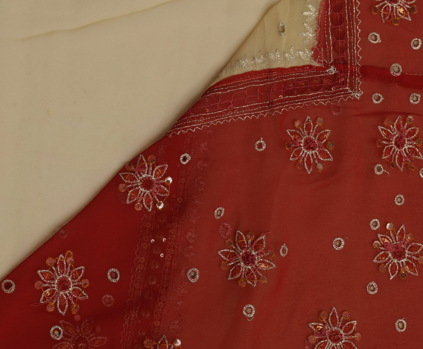 Sushila Vintage Cream Saree Art Georgette Sari Zari Embroidered Craft Fabric