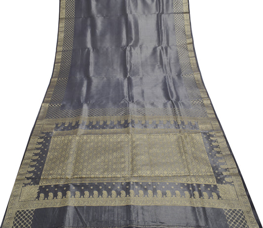 Sushila Vintage Gray Saree Blend Tissue Silk Woven Check Sari Craft 6 YD Fabric