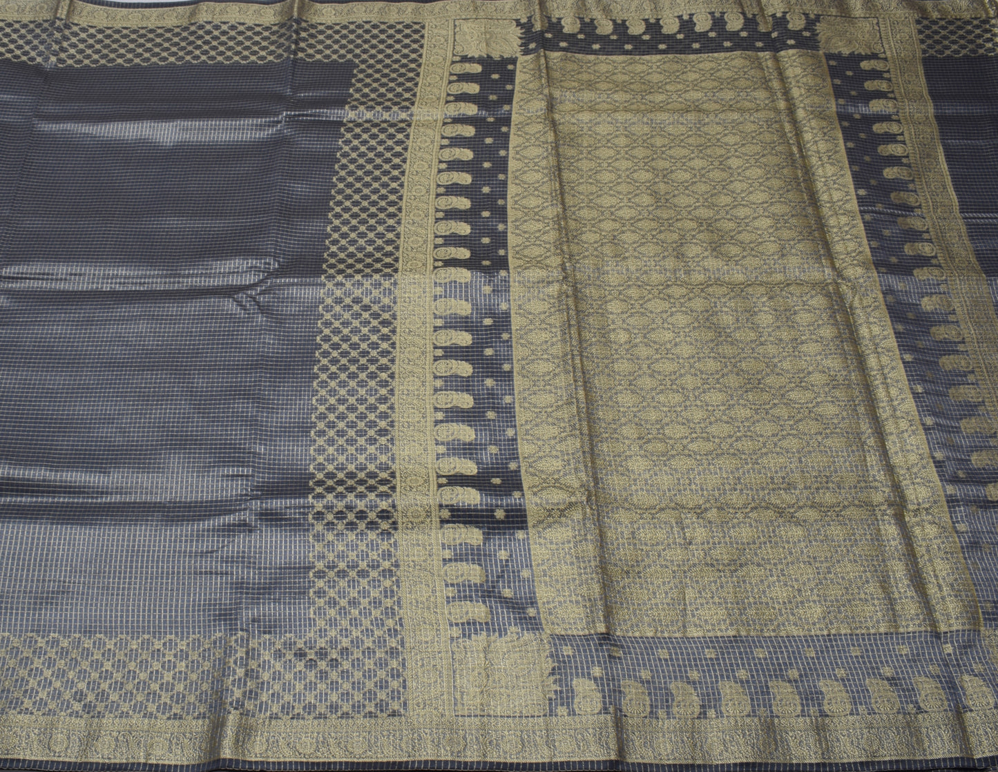 Sushila Vintage Gray Saree Blend Tissue Silk Woven Check Sari Craft 6 YD Fabric