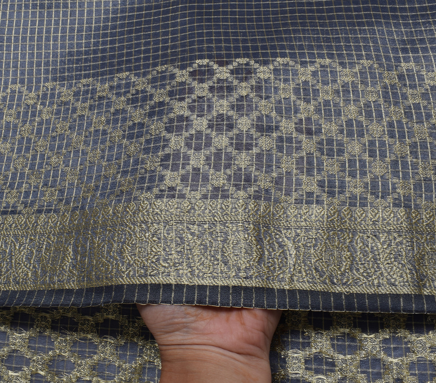 Sushila Vintage Gray Saree Blend Tissue Silk Woven Check Sari Craft 6 YD Fabric