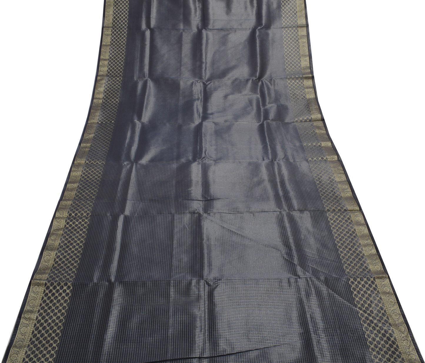 Sushila Vintage Gray Saree Blend Tissue Silk Woven Check Sari Craft 6 YD Fabric