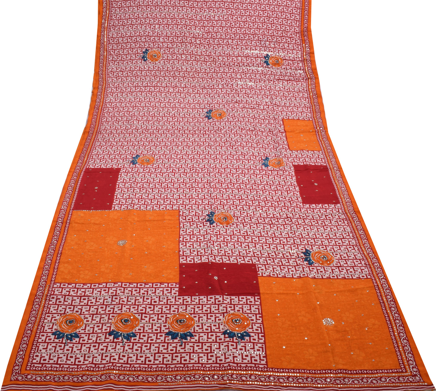 Sushila Vintage Art Crepe Silk Saree Floral Print Sequins Work Sari Craft Fabric