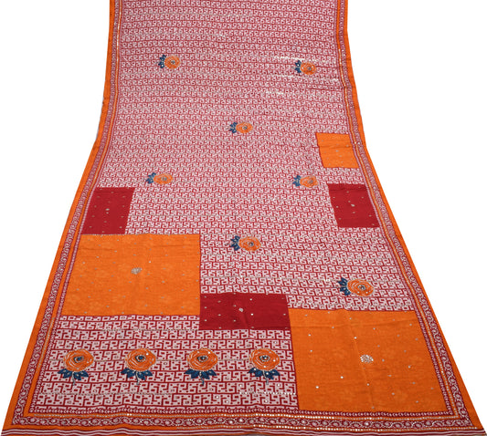 Sushila Vintage Art Crepe Silk Saree Floral Print Sequins Work Sari Craft Fabric
